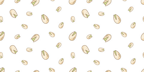 Seamless pattern pistachios icon cartoon doodle. Vector illustration background of snacks salted nuts in a shell.