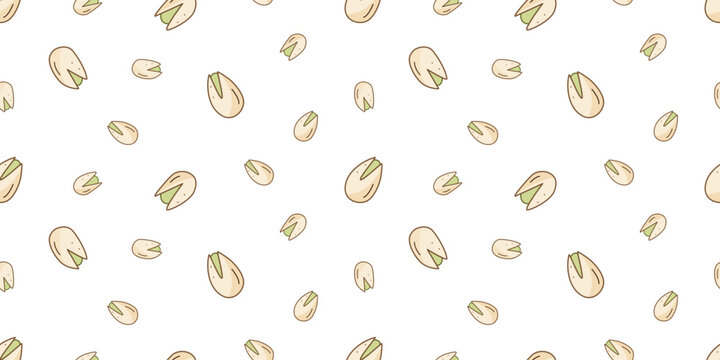 Seamless pattern pistachios icon cartoon doodle. Vector illustration background of snacks salted nuts in a shell.
