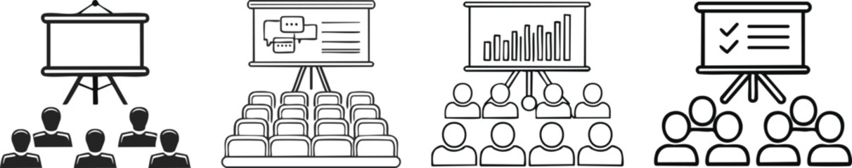 Conference seminar icon with speaker podium and audience elements illustrated in bold minimal business style