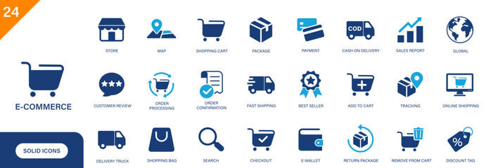Ecommerce icon. Includes online shopping, delivery truck, shopping cart, return package, discount tag. Solid vector icon set.