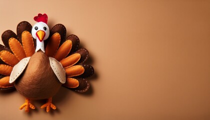 Felt Turkey Laying Flat On A Tan Background With Copy Space
