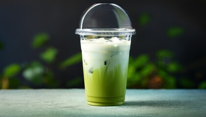 A Transparent Plastic Cup Filled With Iced Matcha Latte