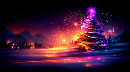 festive christmas tree glowing with bright colorful fireworks in night sky