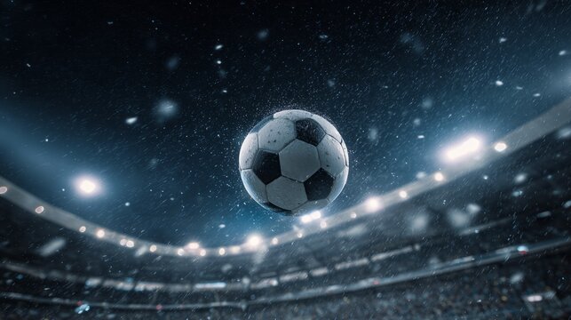 dynamic flying soccer ball in night stadium action scene