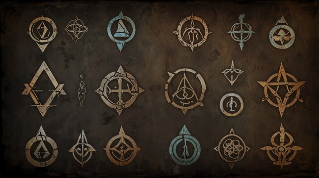 Mysterious ancient symbols, arcane emblems, and mystic sigils on aged textured background, fantasy art, concept design, storytelling elements.