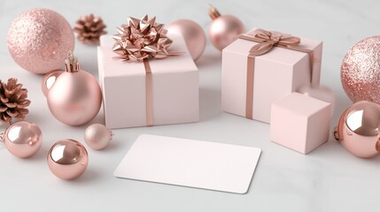 elegant pink christmas mockup with blank card and rose gold ornaments