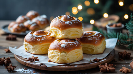 A close-up of a stack of sweet buns dusted with powdered sugar on a wooden plate, 32K Resolution