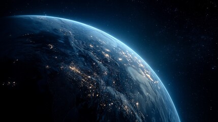 Obraz premium cinematic earth from space with glowing city lights and deep blue atmosphere