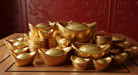 Gold Ingots: A lavish display of radiant gold ingots rests on a table, symbolizing wealth and prosperity. The warm tones and intricate details evoke a sense of fortune and financial abundance.