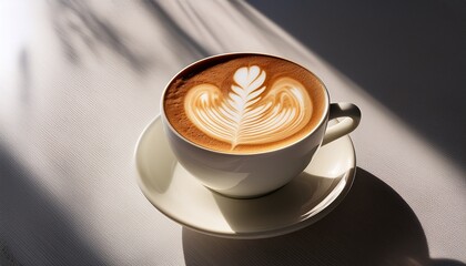 A Steaming Cup Of Latte Art On A White Table With Sunlight Casting A Shadow Nearby