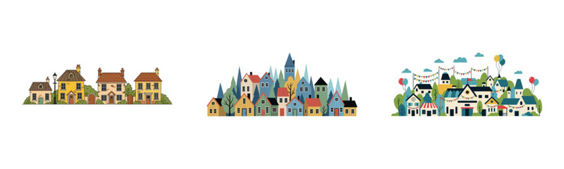 Fototapeta premium Charming village illustrations: cozy cottages, quaint houses, festive town