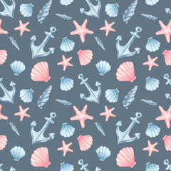Grey background with blue anchors, coral starfish and pastel shells arranged in a watercolor hand drawn seamless pattern. Suitable for apparel prints, beach bags, scrapbooking and coastal decor items