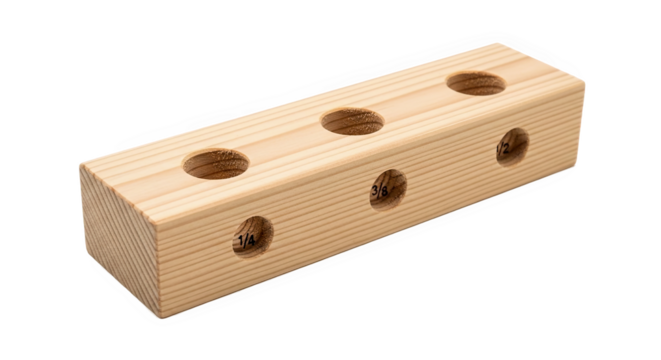 Rectangular wooden drill gauge block with five labeled holes—used to identify or test drill bit sizes with precision in woodworking or metalworking