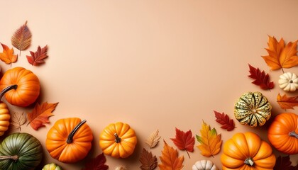 Autumn Holiday Background Featuring Pumpkins Colorful Dried Leaves And Fall Decorations Arranged At The Bottom Leaving The Top Part Empty Flat Lay Top View With Copy Space Happy Thanksgiving Ha