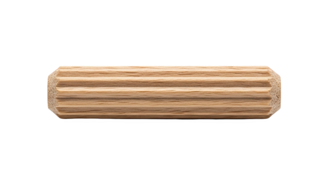 Wooden fluted dowel pin with chamfered ends—cylindrical joinery component used in furniture and woodworking for secure, glue-assisted connections