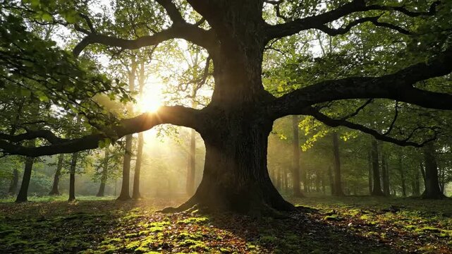 Root System's Embrace A low angle perspective showcasing the powerful, sprawling root system of a large tree as it anchors firmly into the forest floor, symbolizing strength and connection to the?