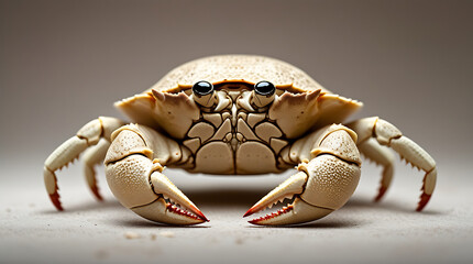 A close-up studio shot of a sand colored crab with red-tipped claws on a plain background, HD and 4k image