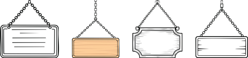 Shop sign board hanging from chain illustrated in bold minimal storefront signage outline graphic style
