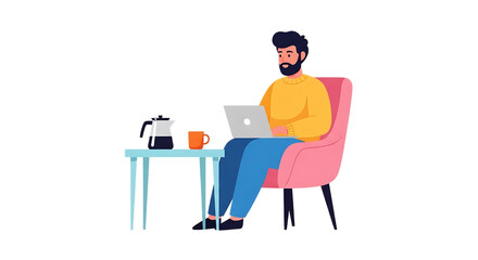 Man with beard wearing yellow sweater working on laptop with coffee on small table graphic design isolated on a transparent background