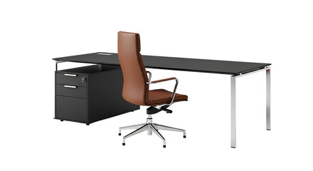 Modern executive desk with brown leather office chair and black filing cabinet furniture isolated on a transparent background