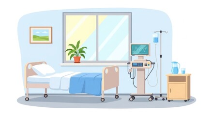 Hospital Room Bed with Medical Equipment and Window in Bright Ward