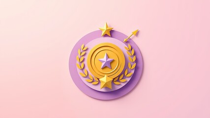 3D Render: Gold Award Medal, Star, and Laurel Wreath Icon for Success, Achievement, and Premium Quality Recognition on Pink Background
