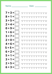 Math worksheet for kids, addition using a number line. preschool and school education