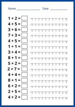 Math worksheet for kids, addition using a number line. preschool and school education