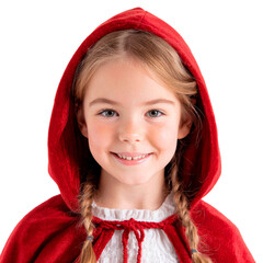 Cute little smiling girl wearing little red riding hood looking to camera over transparent background. PNG transparent.