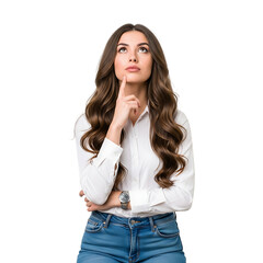 Woman in white shirt and blue jeans thinking with finger on chin Keywords: woman, female, thinking, thoughtful, pensive, contemplating, finger on isolated on a transparent background