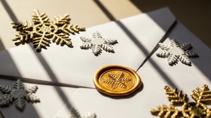 Festive gold seal, winter snowflakes, and elegant white envelope, a scene full of charm. Gold seal signifies closure, importance, with snowflakes bringing festive spirit to scene. - Powered by Adobe