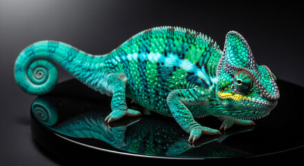 A vibrant male panther chameleon presents its vivid turquoise and green coloration on a dark stage