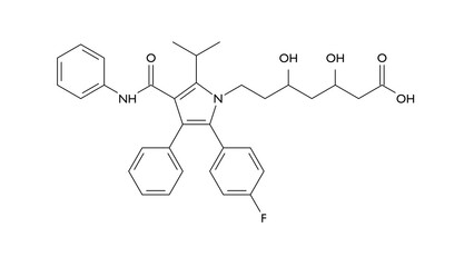 atorvastatin molecule, structural chemical formula, ball-and-stick model, isolated image lipid-lowering agent