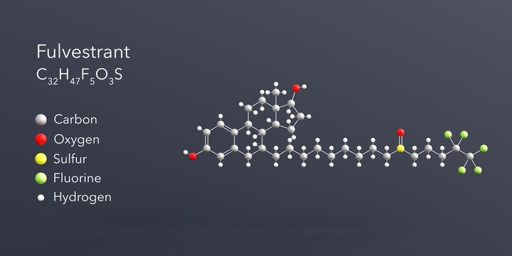 fulvestrant molecule 3d rendering, flat molecular structure with chemical formula and atoms color coding