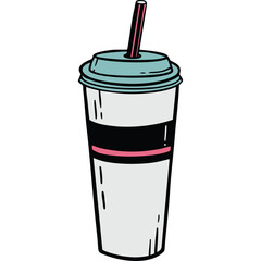 A Simple Hand Drawn Style Graphic of a Tall White Paper Cup with a Blue Lid and Pink Straw Filled with an Unseen Beverage Isolated on a Transparent Background