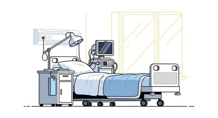 Hospital Bed in Modern Patient Room with Medical Equipment and Natural Light