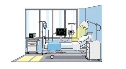 Hospital Patient Bed with Medical Equipment and Monitors in Modern Healthcare Facility
