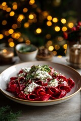 Pasta coated in bright beetroot sauce topped with ricotta and herbs sits against a minimal festive backdrop with warm lights.