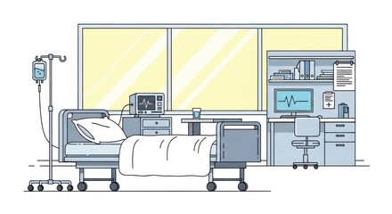 Hospital Patient Bed with Medical Equipment and Monitoring Devices in Modern Healthcare Room