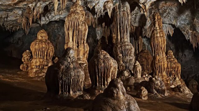 Dynamic camera movement exploring the rugged textures and diverse shapes of various stalagmites, from smooth and conical to rough and irregular. Focusing on the tactile visual qualities and the?