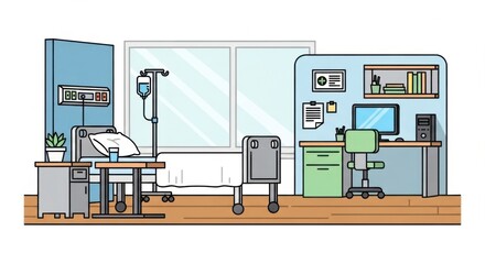 Hospital Patient Room with Medical Equipment and Bed in Modern Healthcare Setting