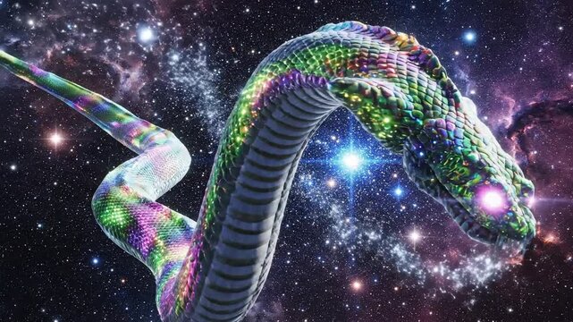 Cosmic serpent creature floating in a nebula starfield