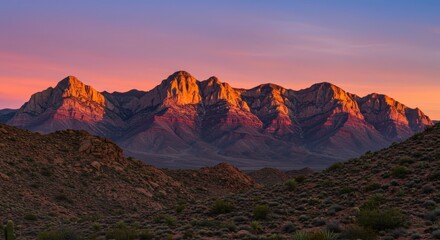 Rugged desert mountains are illuminated by the warm glow of the rising sun against a vibrant twilight sky.