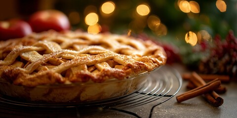 Fresh apple pie with golden crust cools on a rack beside cinnamon sticks and blurred garland lights. The cozy glow and aroma bring classic Christmas comfort.