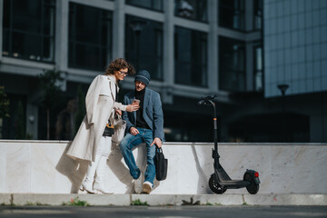 Obraz premium Two urban friends chat on a marble ledge in a modern city, one showing a phone to the other as a scooter rests nearby, capturing a casual, connected moment.