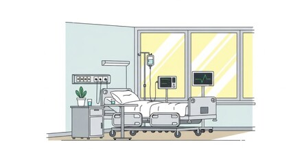 Hospital Bed in Modern Medical Room with Monitoring Equipment and Natural Light