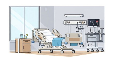Hospital Patient Bed in Modern Medical Room with Equipment and Monitors
