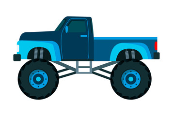 Monster truck. Bright colorful cartoon auto with big wheels. Heavy car with large tires and black tinted windows. Isolated rally 4x4 computer or mobile game