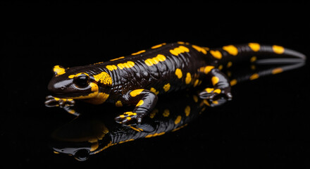 Striking fire salamander with glossy black skin and vibrant yellow spots posing on a dark surface