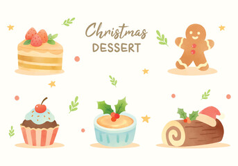 Cozy Christmas dessert watercolor illustration. Log cake, gingerbread, brulee hand drawn. Winter holiday doodle. Festive food and cake vector.